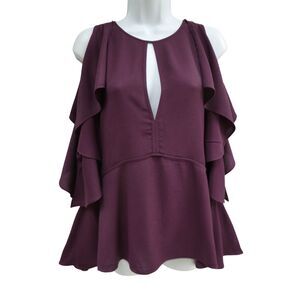 Theory Burgundy Disiraya B Siennia Ruffled Top Peekaboo Keyhole Hook Peplum L